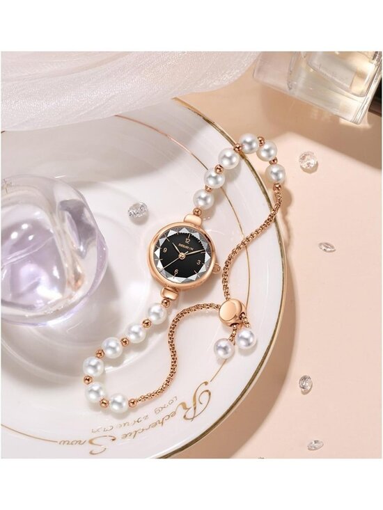 Women\'s Black Analog Quartz Adjustable Slider Clasp Pearl Bracelet Wrist Watch